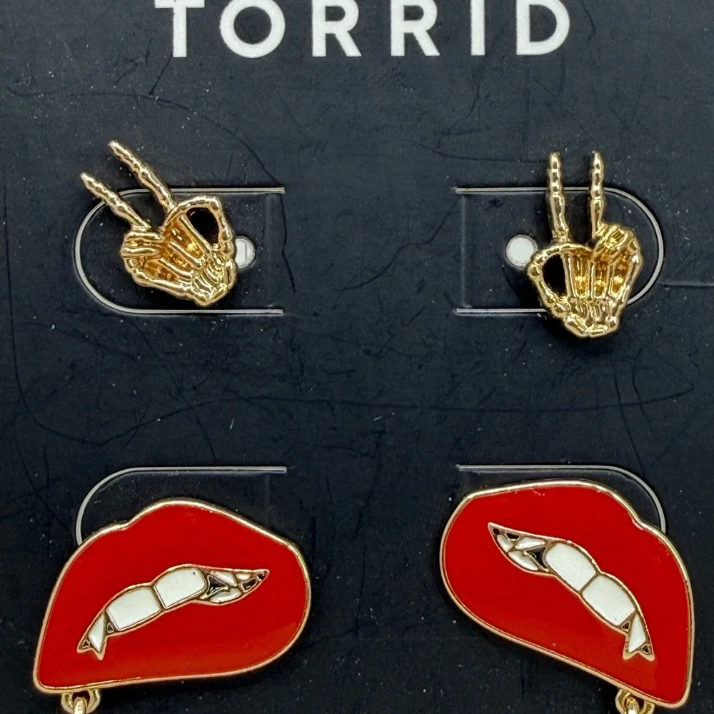 Torrid Earrings Set Skeleton Hand Studs Red Lips Dangle Faux Gemstone‎ Gold Tone